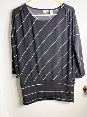 Chico's Black blouse with Cream Diagonal Stripes